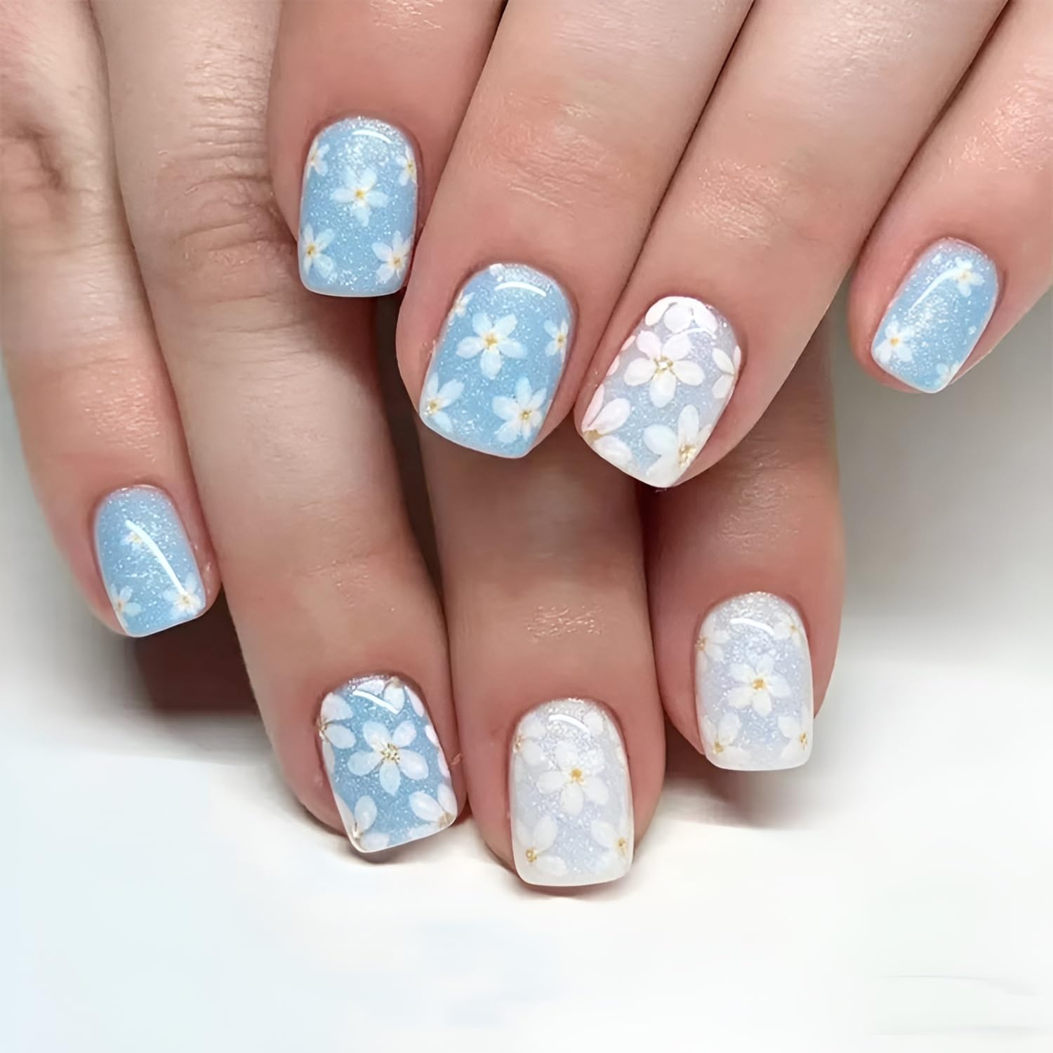 Yellow French Tip Press on Nails Short Almond Fake Nails Flower Nails Press Ons Yellow False Nails Glossy Full Cover Glue on Nail 3D Flower Stick on Nails for Women Decorations Set 24Pcs