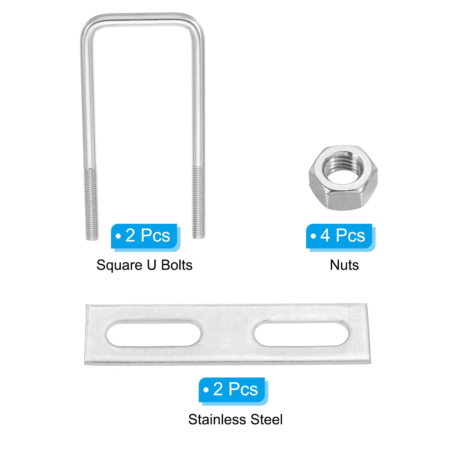 PATIKIL M10x60x150mm Square U-Bolts Kit, 2Set 304 Stainless Steel Square U Shaped Bolts Replacement Parts with Frame Plates and Nuts for Ski Board Sailboat Trailer - Image 3