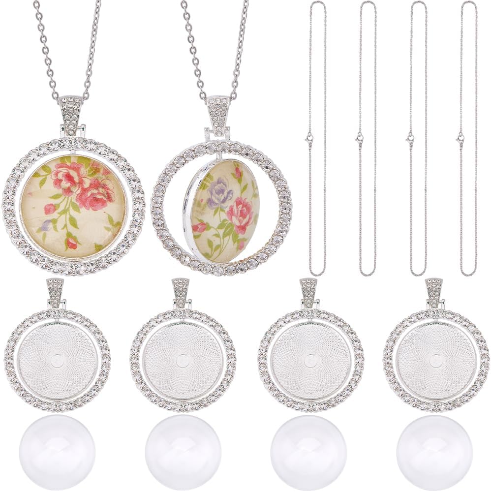1 Box 24Pcs 30mm Round Rhinestone Trays Pendant Set Round Bezel Pendant Trays Glass Cabochon Blanks Double Sided Rotatable Tray with Silver Chains for Jewelry Making Supplies DIY Necklaces