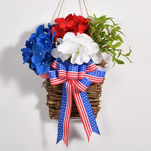 Miniatura 7 de Cesta colgante patriótica artificial Decoración de puerta delantera del 4 de julio, decoraciones de patio del día de la independencia, decoración