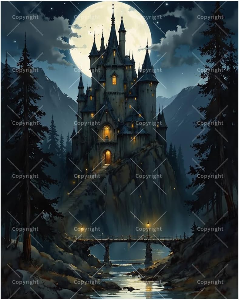 TAOPAOLAB Magnificent Buildings Paint by Numbers Kit for Adults - DIY Gothic Castle Under Full Moon Painting on Canvas 12x16In, Framed Acrylic Paint Set for Beginners, Art for Home Decoration or Gifts