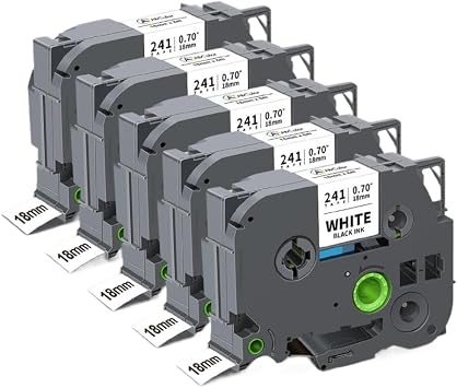 18mm TZe241 Compatible Label Tape 5PK 10PK Works with TZe 141 441 641 and Label Printers PT-D400 PT-E550W5PK Black on White