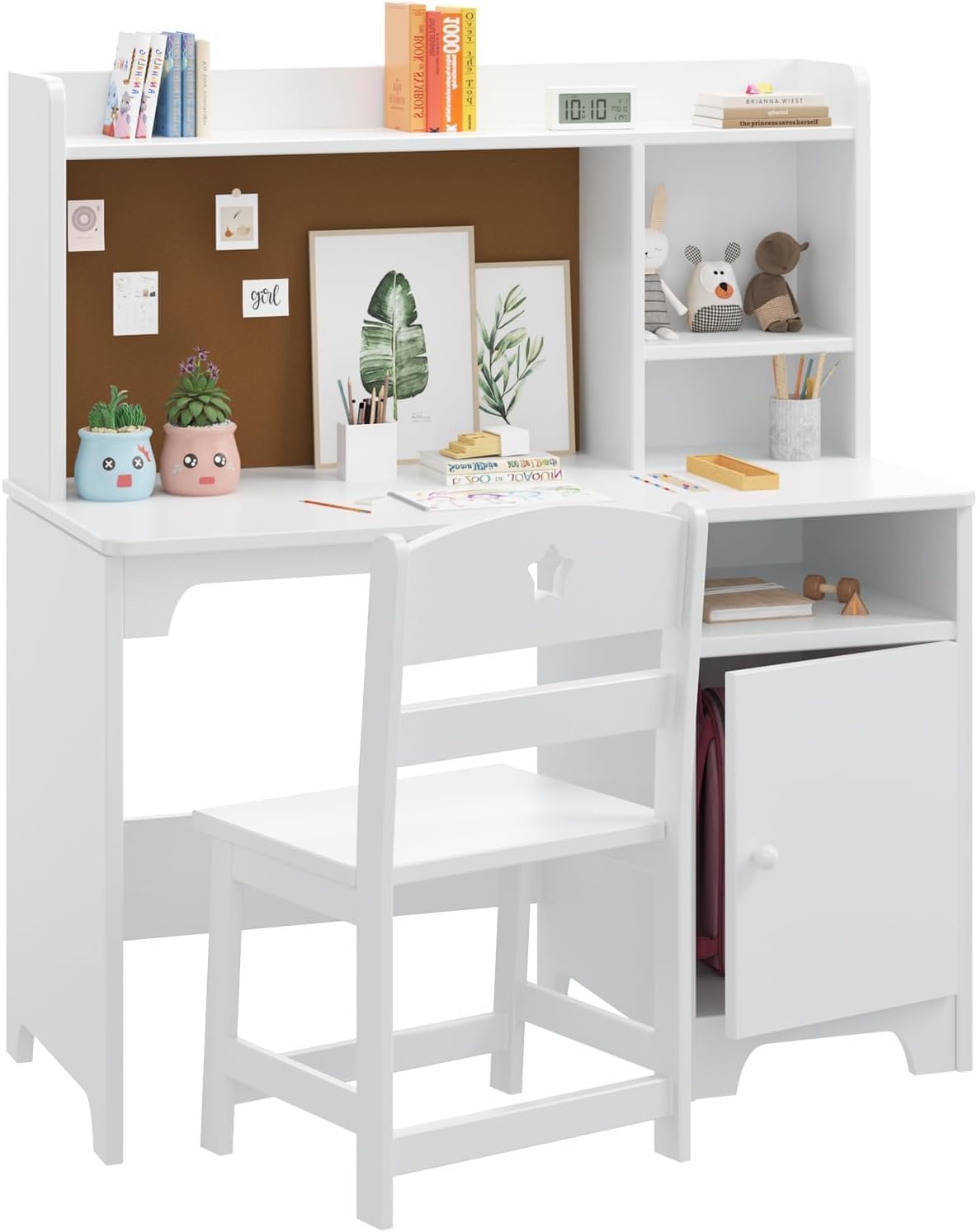 Kids Desk & Chair Set,Wooden Student Writing Table and Computer Workstation with Hutch & Storage Cabinet for Kids' Bedroom or Study Room,White
