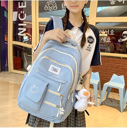 Miniatura 5 de JHTPSLR Preppy - Mochila estética de cara sonriente, bolsas sólidas para libros, triple cremallera, mochila grande impermeable para laptop, Azul,