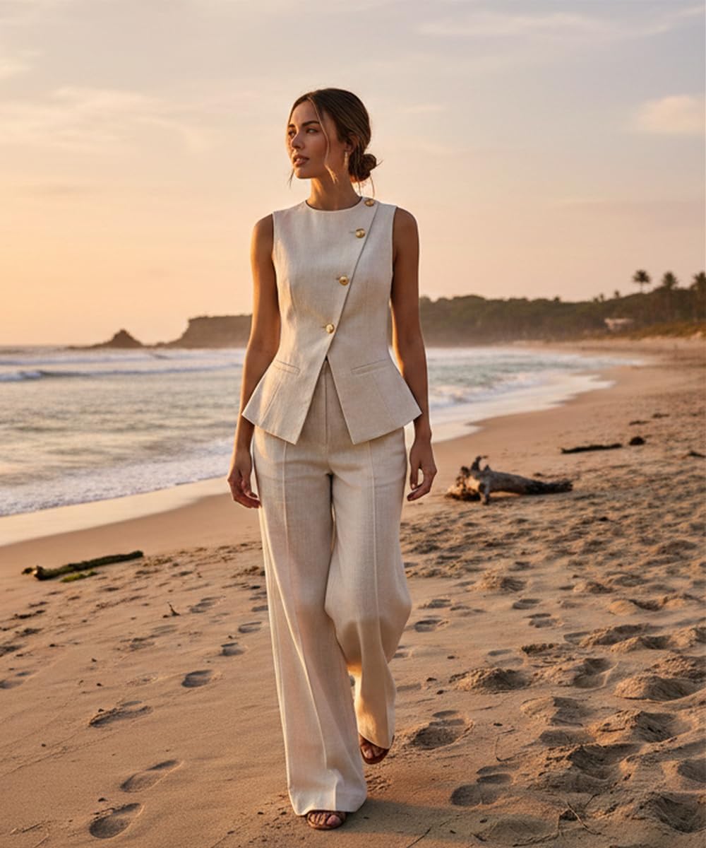 2 Piece Linen Outfits for Women Casual Linen Pant Suits Summer Women's Vest Set Slim Fit Work Office Suit