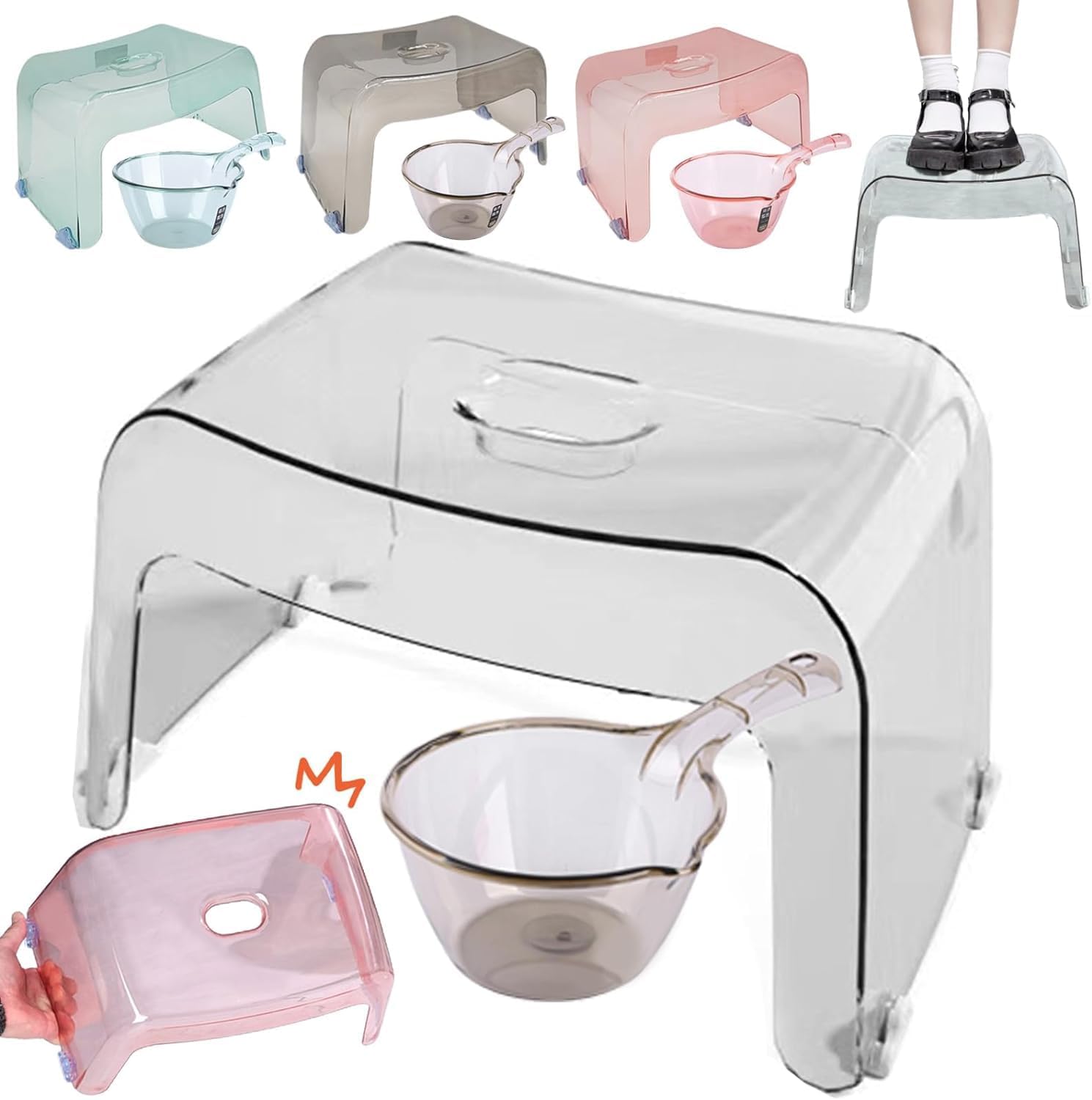 Bath Chair, Clear, Bath Chair, Acrylic, Bath Chair, Transparent Bowl, 2-Piece Set, Bathroom Chair, Transparent Chair, Stylish, Nursing Supplies, Bath Stool, Shower, Stool, Lightweight, Stable, Anti-Slip Feet, Breathable, Easy to Dry, Load Capacity, Convenient Storage, Mini Table, Entryway, Bath Supplies Gray
