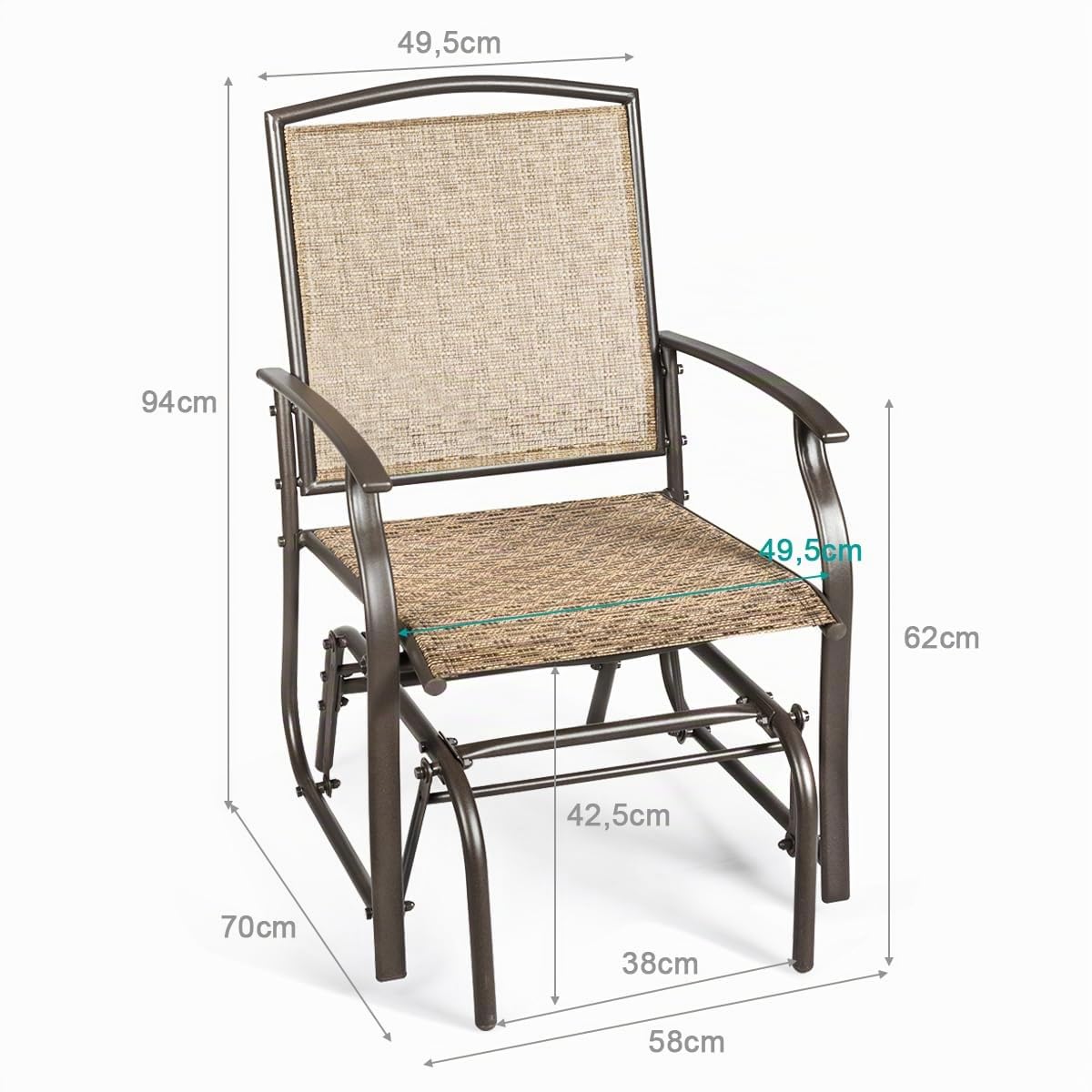 GIANTEX Sillón Mecedora de Exterior con Respaldo y Apoyabrazos Transpirables, Marco de Metal, Diseño Ergonómico para Jardín, Patio, Terraza, Piscina, Carga 150 kg, Marrón