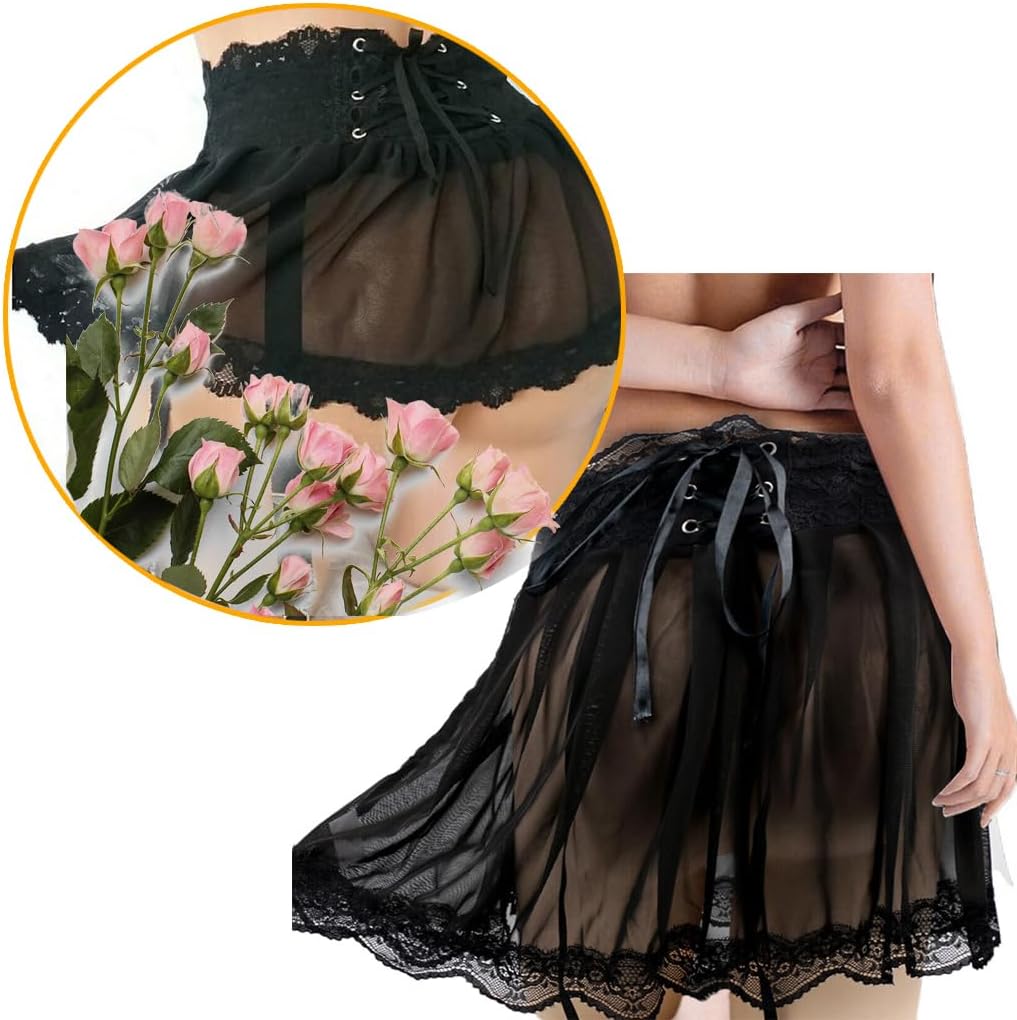 Women Lace Mesh Garter Belts Suspenders Belt Garter Skirt for Thigh Highs Stockings Mini Dress with Underwear Thong