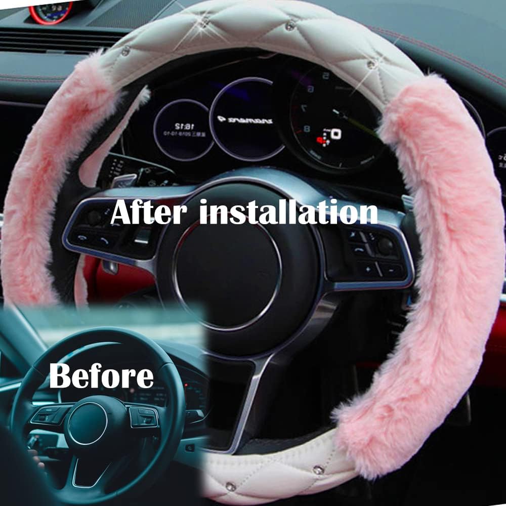 Multi-Colour Diamond Plush Soft PU Leather Steering Wheel Covers Universal Fit car Steering Wheel 15inch (Rose red)