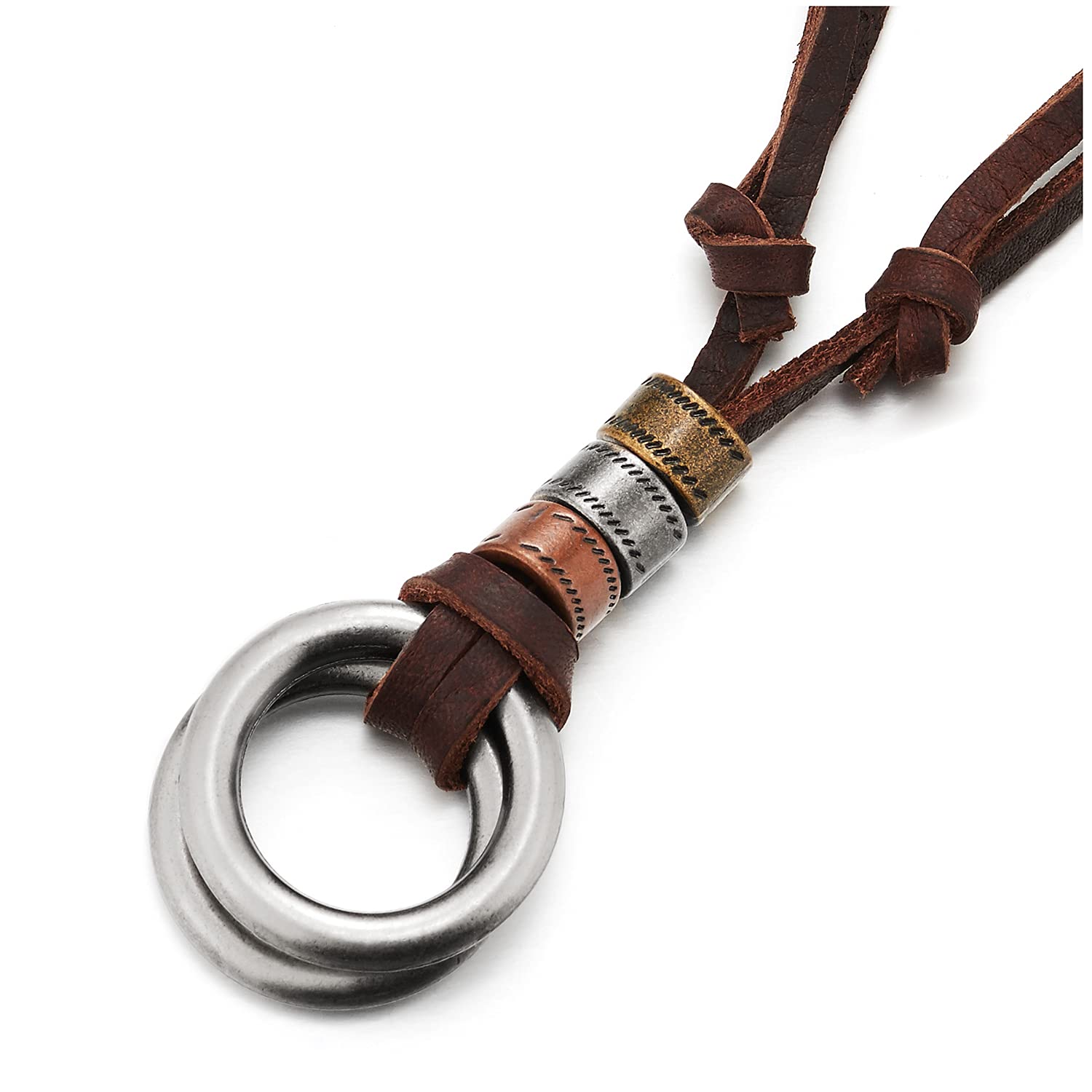 COOLSTEELANDBEYONDRetro, Dobles Abierto Círculo Perla Colgantes Collar con Colgante de Hombre Mujer, Cordón de Cuero Ajustable