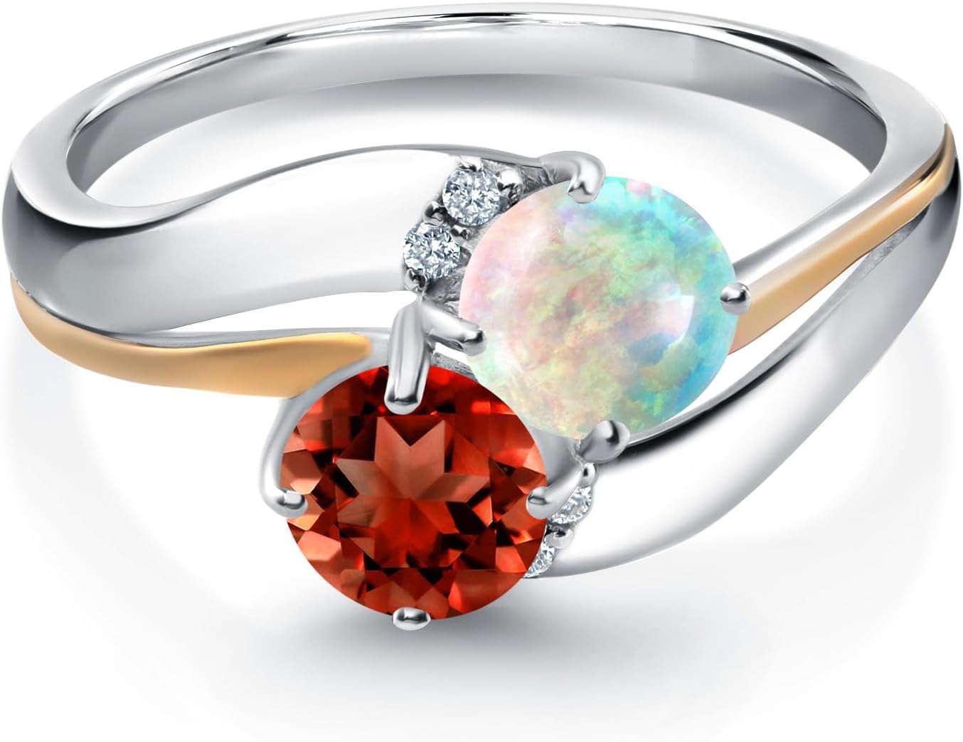 Gem Stone King 1.53 Cttw Red Garnet White Simulated Opal and Lab Grown Diamond 2-Stone Ring For Women | 925 Sterling Silver and 10K Yellow Gold | Wedding Engagement Anniversary Promise Ring