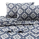 Tribeca Living Flannel Sheets Queen Size - 100% Cotton Flannel Sheet Set, 200 GSM Deep Pocket Queen Flannel Sheets, 4 Piece Ultra Soft Brushed Cotton Flannel Sheet in Damask Dark Blue Print