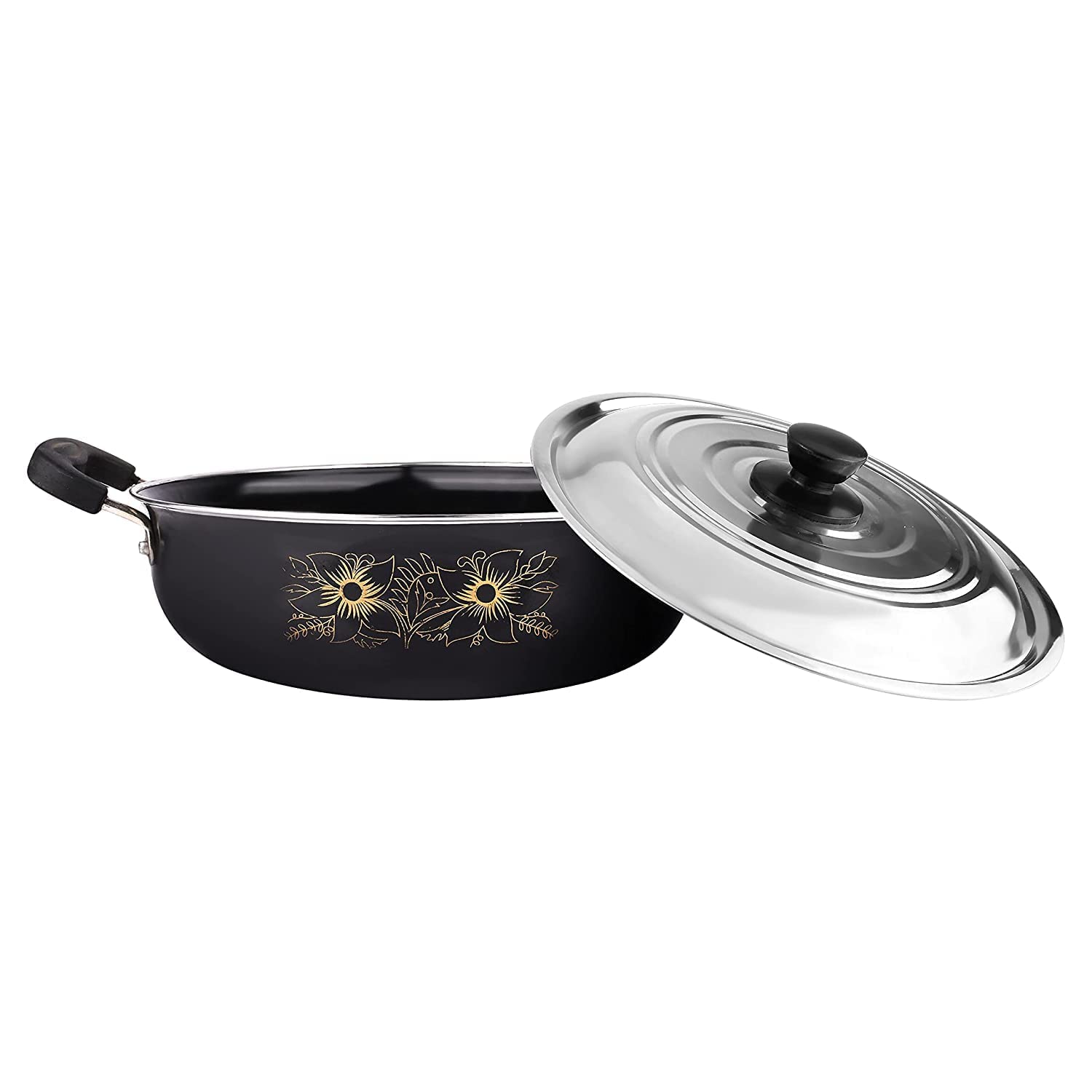 Black Non Stick Kadai with lid & heavy bottom base | Induction Friendly Cookware | Ceramic Hard Anodized | Useful for deep or light frying and cooking | Cook and Serve | Made of Cast Iron | Size : Big