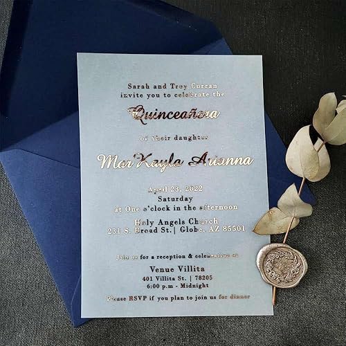 Quinceanera Invitations with Foiled Print, Vellum Quinceanera Invites, Customizable Gold Foiled Invitations, Mis Quince Invites (5" x 7", Rose Gold