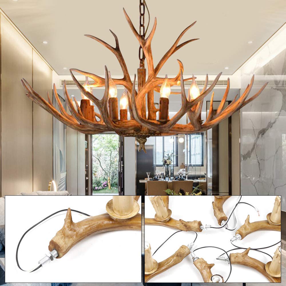 Lustre en bois de cerf en résine - Plafonnier décoratif - Lampe suspendue - Chandelier - Décoration intérieure rustique - Éclairage en bois de cerf - Corne de cerf - 6 têtes - 220V