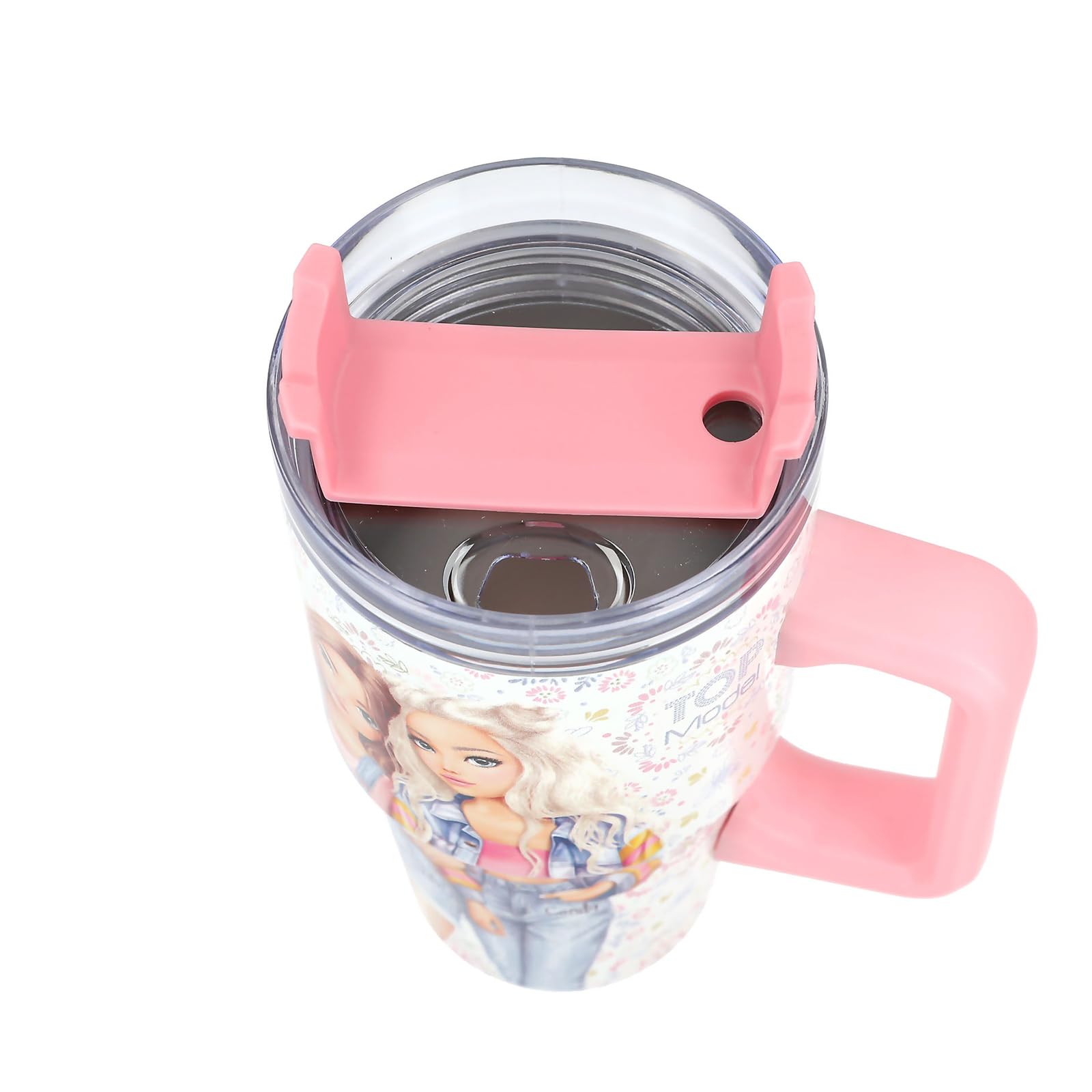 Depesche 14032 TOPModel Festival Fun - to-Go Becher aus Edelstahl, in Creme und Rosa, mit Model Motiv und Blumen-Muster, Getränkebecher mit Strohhalm, Isolierung und Griff, Fassungsv. Ca. 500 ml