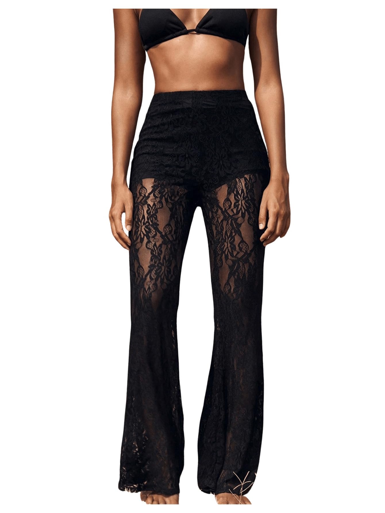GORGLITTER Damen Transparent Schlaghose Spitzenhose Elastischer Bund Lange Hosen Musikfestival Outfit Hosen mit Spitzen