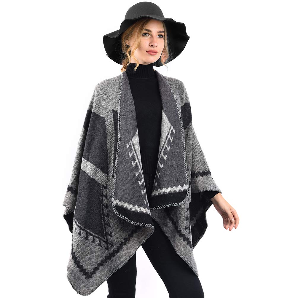 OOPOR Zimowy szal owijany ponczo peleryna - damski ciepły otwarty przód nadruk dwustronny koc oversize kardigan modny elegancki dzianinowy jesienny wełniany sweter w kratę polarowy szalik płaszcz