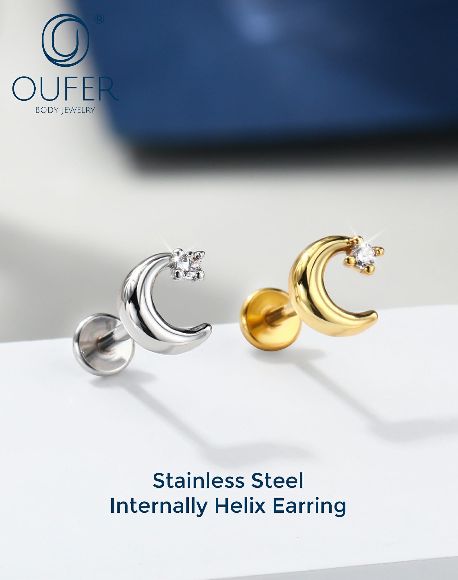 OUFER Body Piercing Helix Stud 18G Stainless Steel Moon CZ Labret Piercing Jewelry Internally Threaded 6mm Bar Gold/Silver Cartilage Earring Tragus Lip Piercings for Women - 4
