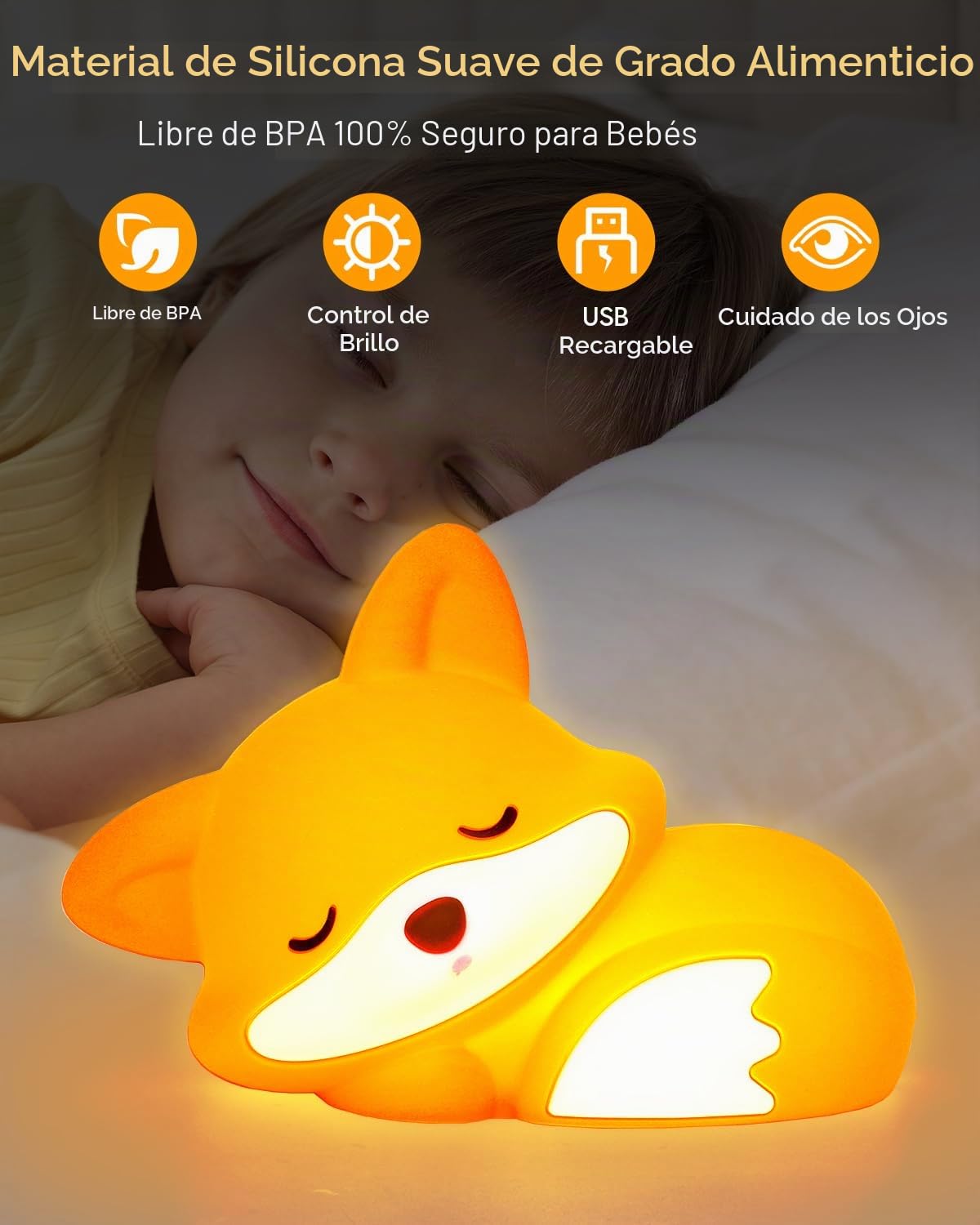 Amaredom - Lámpara Infantil Zorro de Silicona Suave, Luz Nocturna Bebé con Brillo Regulable y Apagado Automático 20 min, Regalo Único y Juguete Adorable por los Niños
