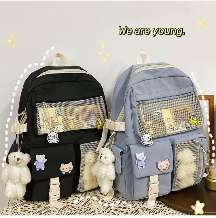 Miniatura 6 de Mochila Kawaii para niñas con bonitos accesorios de alfiler, colgante de felpa, mochila estética universitaria Kawaii, Azul (Blue BackPack), Classic