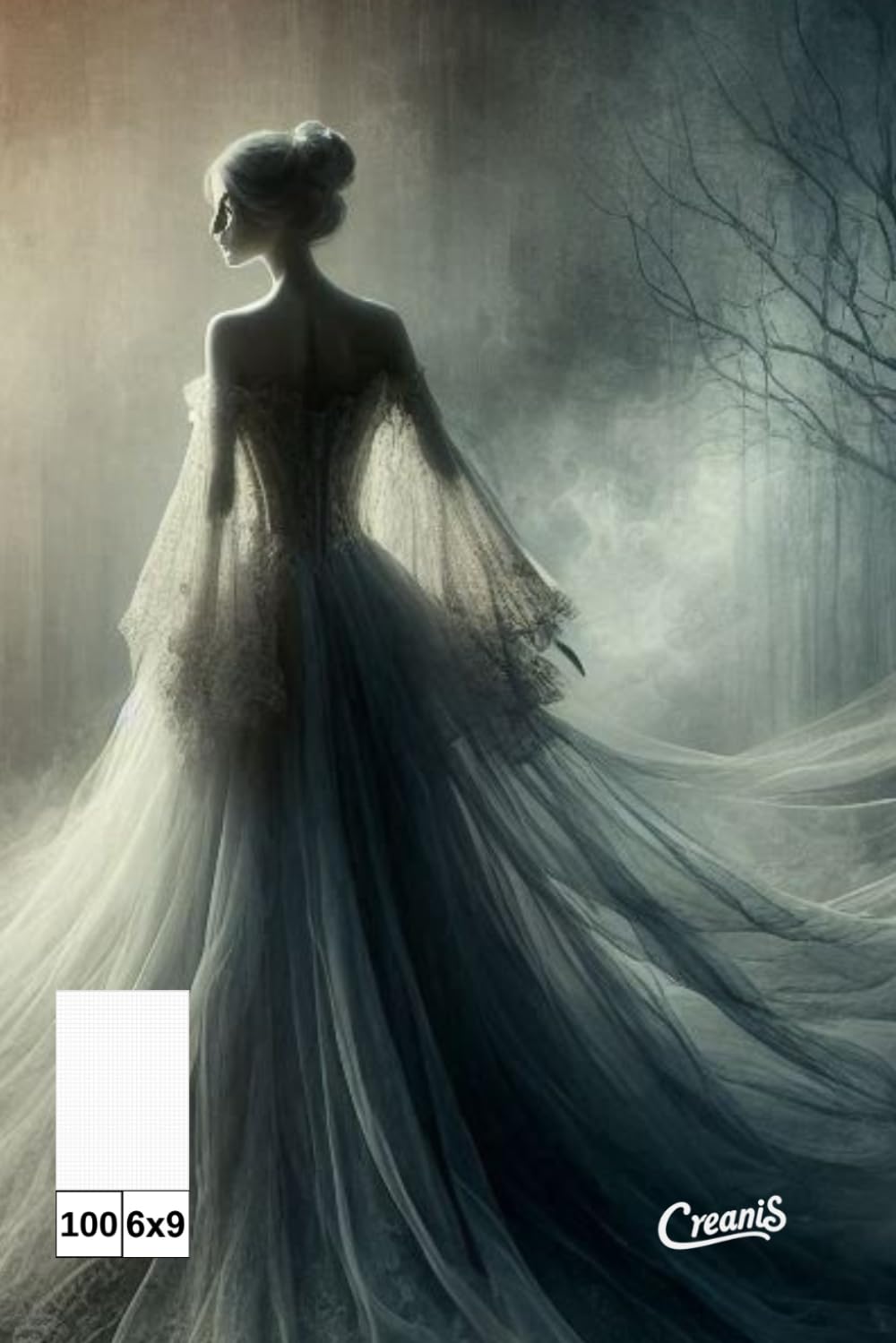 Notatnik 6x9 Jaga 1.3 - 5(k5) 100M: Ten notes przedstawia osobę stojącą w mglistym, zalesionym terenie, ubraną w rozłożystą suknię, co nadaje obrazowi tajemniczy i gotycki klimat. (Polish Edition)