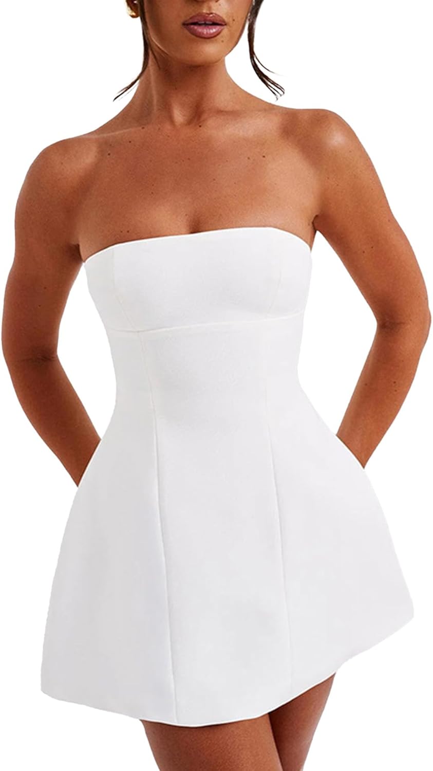 SHINFY Women Sexy Strapless Mini Dress Bodycon Off Shoulder Tube Top A-Line Short Dress Formal Cocktail Dresses