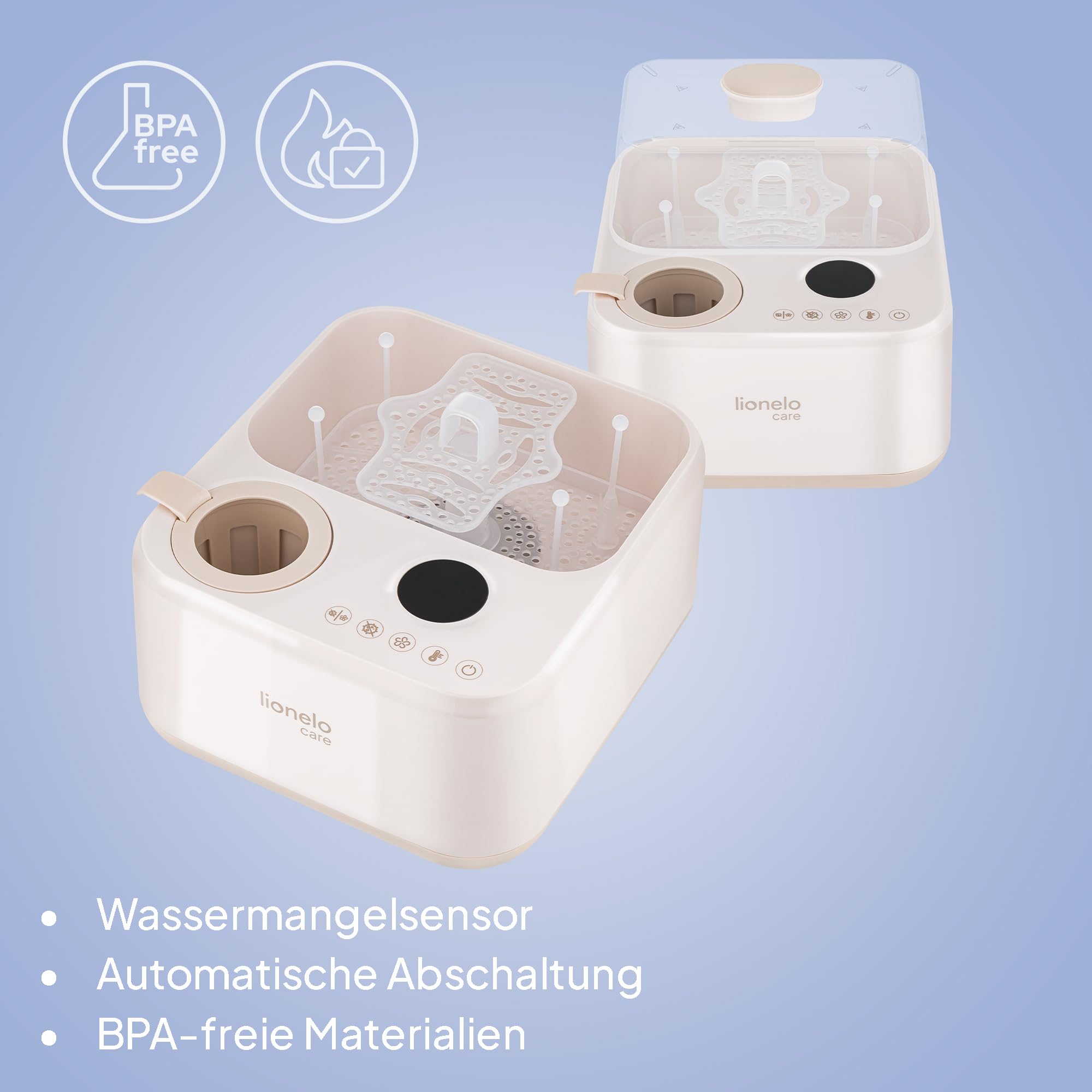 Lionelo SteamUp 3in1 Sterilisator für Babyflaschen mit Trockner & Flaschenwärmer Baby, Dampfsterilisator für 4 Flaschen, 99,99% Keimreduktion, Touchpanel, Abschaltautomatik, BPA-frei