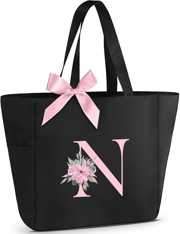 Vavabox Sac Cabas Personnalisé avec Initiale A-Z, Cadeau Imperméable pour Femmes, Demoiselles d'Honneur, Maman, Enseignantes, Amies (N, Noir)
