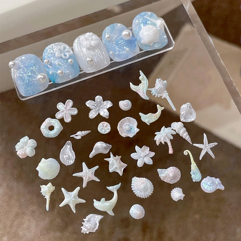 Summer Ocean Charms Silicone Nail Molds, 3D Gel Nail Art Sculpture Silicone Molds Sea Flower Starfish Conch Seashell Mold DIY Beach Charms for Nails Design Nail Mold Manicure Carved Template Tool