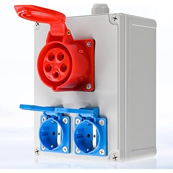 Warmfay Wall Distributor Construction Power Distribution Pre-Wired Power Distribution 2 x 16 A 230 V Schuko Sockets + 1 x CEE 16 A 380 V IP67 Waterproof Housing for Indoor and Outdoor Use