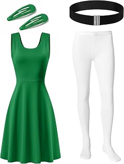 Ramede 4 Pcs Halloween Women Costume Green Sleeveless Dress, Green Hairpin Belt Pantyhose and Leggings Cosplay Outfit