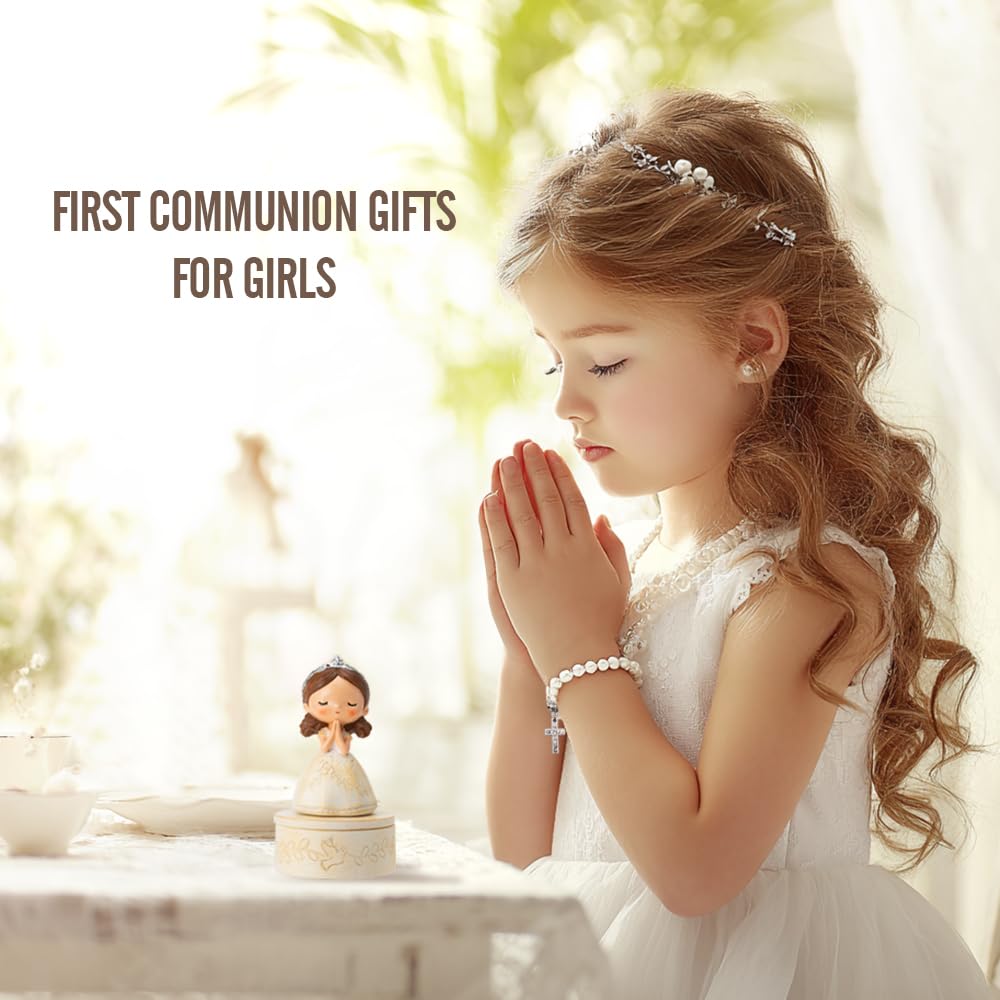 First Communion Gift Set for Girls - Resin Prayer Girl Figurine with Dove & Olive Branch Design, White Religious Keepsake Statue, Pearl Necklace Cross Pendant, Gift Box Set with Inspirational Message