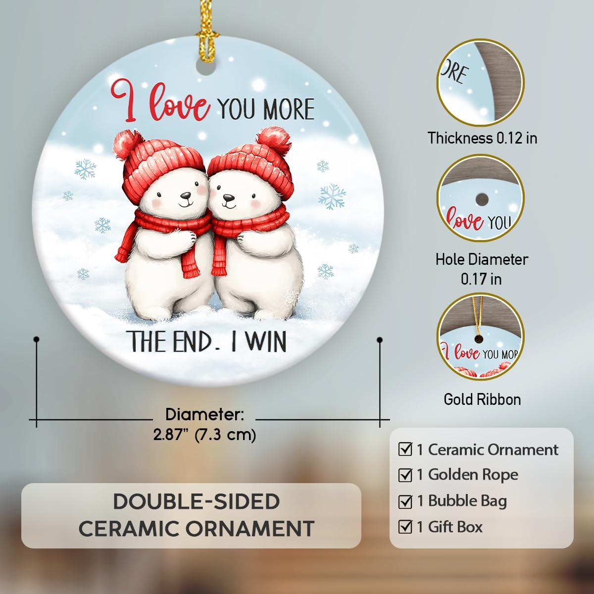 I Love You More The End I Win Ornament - Couples Christmas Ornament 2025, Gift for Him Boyfriend and Love Gifts for Her - Couple Ceramic Ornaments for Christmas Tree