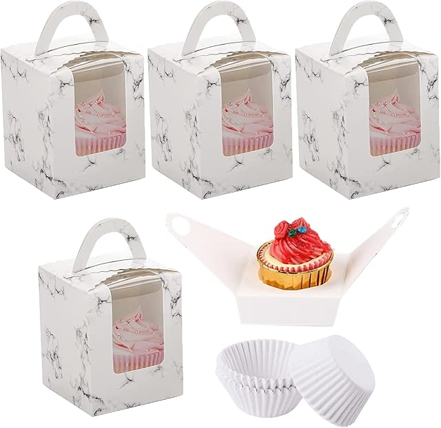 Allbusky 30PCS Cake Boxes, Individual Cupcake Boxes, Paper Bakery Boxes with Handles, Single Cupcake Carrier with Window, Paper Treat Boxes with Cupcake Liners for Christmas Baby Shower Wedding