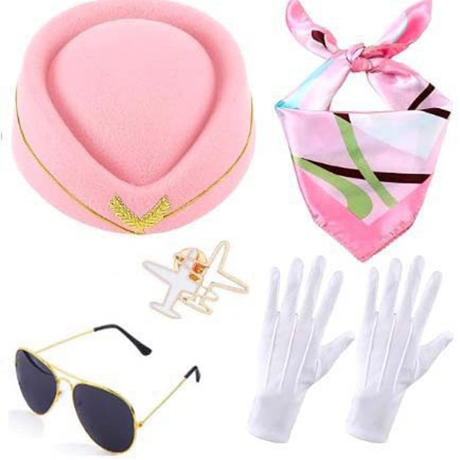 inhzoy Women Flight Attendant Hat Sunglasses Scarf Gloves Brooch Air Hostess Cosplay Costume Accessories Pink One Size