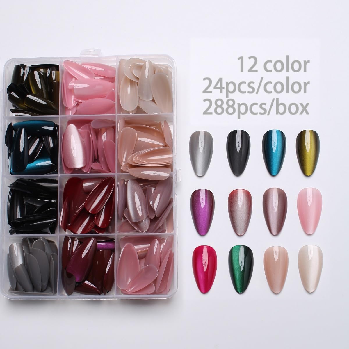 288Pcs Cat Eye Press on Nails Almond Shape 12 Color Glitter Fake Nails Medium, Sparkle Glass Nails Press on, Shiny Acrylic Glue on Nail Gradient Stick on Nail for Women Manicure