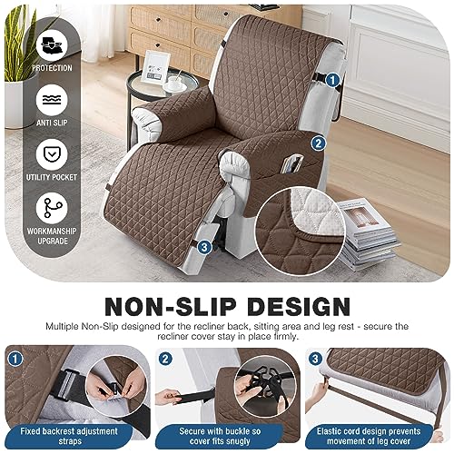 Image of TAOCOCO 100% Waterproof Recliner Chair Covers, Non Slip Recliner Covers that Stay in Place, One-Piece Washable Reclining Chair Cover with Elastic Straps, Brown, Fits 30 inch Seat Width