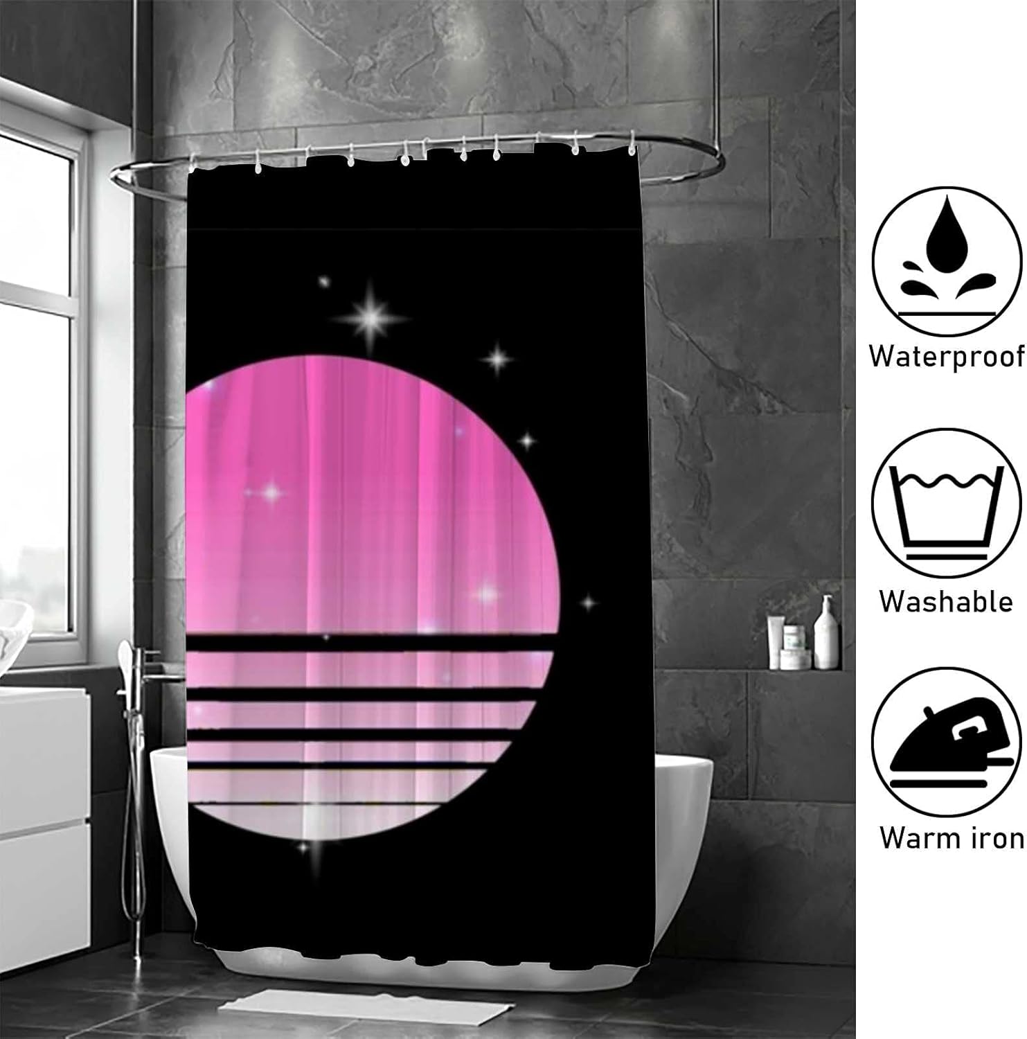 Kuizee Bathroom Shower Curtain 60 x 72 Inch with 12 Hooks Synthwave Cyberpunk Sun Starry Sky Black Bathtubs Polyester Waterproof Shower Curtains Set Fabric Decor Easy Install