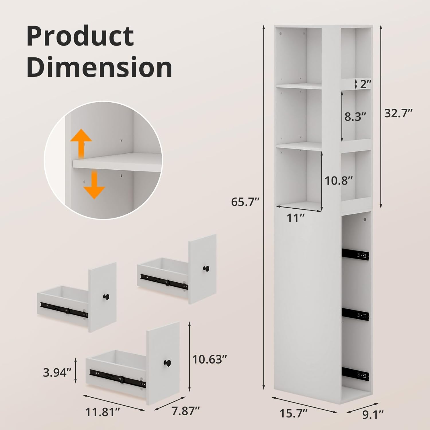 ARTETHYS Storage Cabinet Tall Narrow Bathroom Organizer with Side Storage Rack and 3-Level Adjustable Shelves Slim Free Standing Space Saver for Living Room Kitchen, Classic White