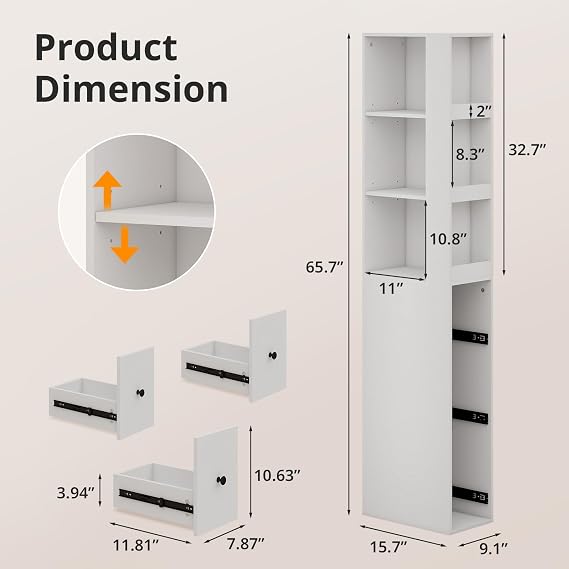 ARTETHYS Tall Narrow Bathroom Storage Cabinet with Side Rack & Drawers | 3-Level Adjustable Shelves, Slim Free Standing Space Saver Organizer for Living Room Kitchen, Classic White