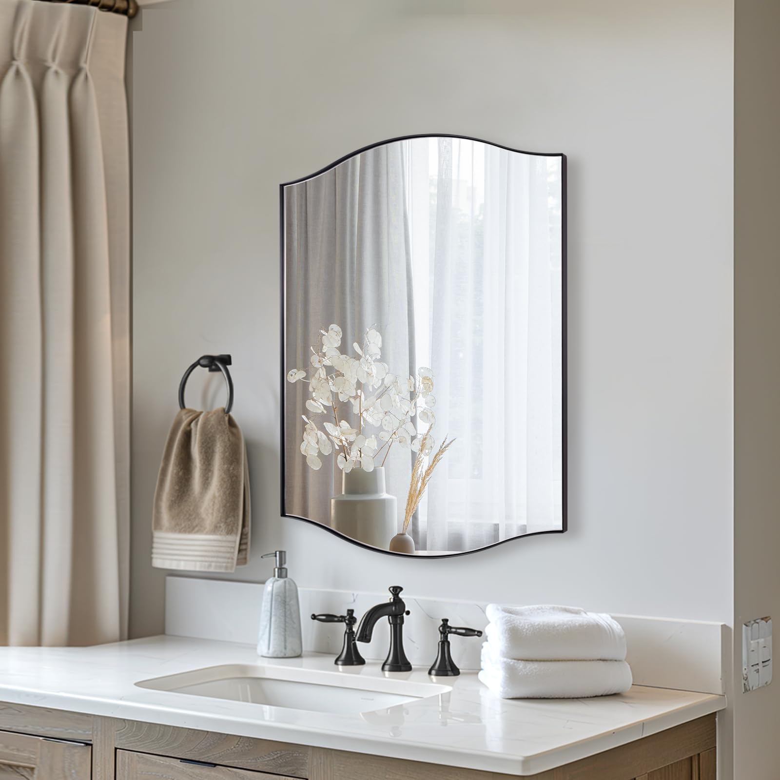 andy star black bathroom mirror, 20"x30" scalloped wall mirror in stainless steel metal frame, unique vanity mirror with modern curved edge design, ideal for bathroom, bedroom, entryway