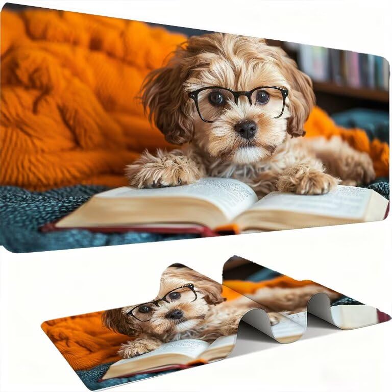 Tappetino Mouse XXL, Mouse Pad 700 x 300 mm, Tappetino Mouse Gaming, Sottomano Scrivania con Cuciture Sui Bordi, Accessorio per Scrivania, Base in Gomma Antiscivolo, per Ufficio pc, cane Libri w0w-977