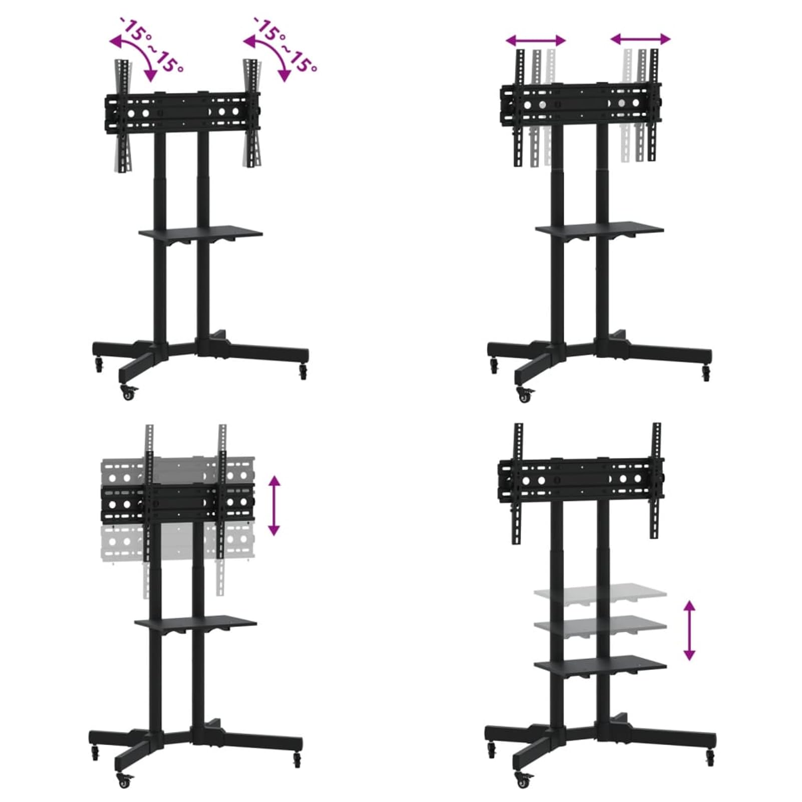 Tidyard Supporto TV su Ruote per Schermo 32-70 Pollici, Max VESA 600x400mm, 50kg, Nero Acciaio, Carrello TV Mobile con Inclinazione, per Ufficio Casa 379577