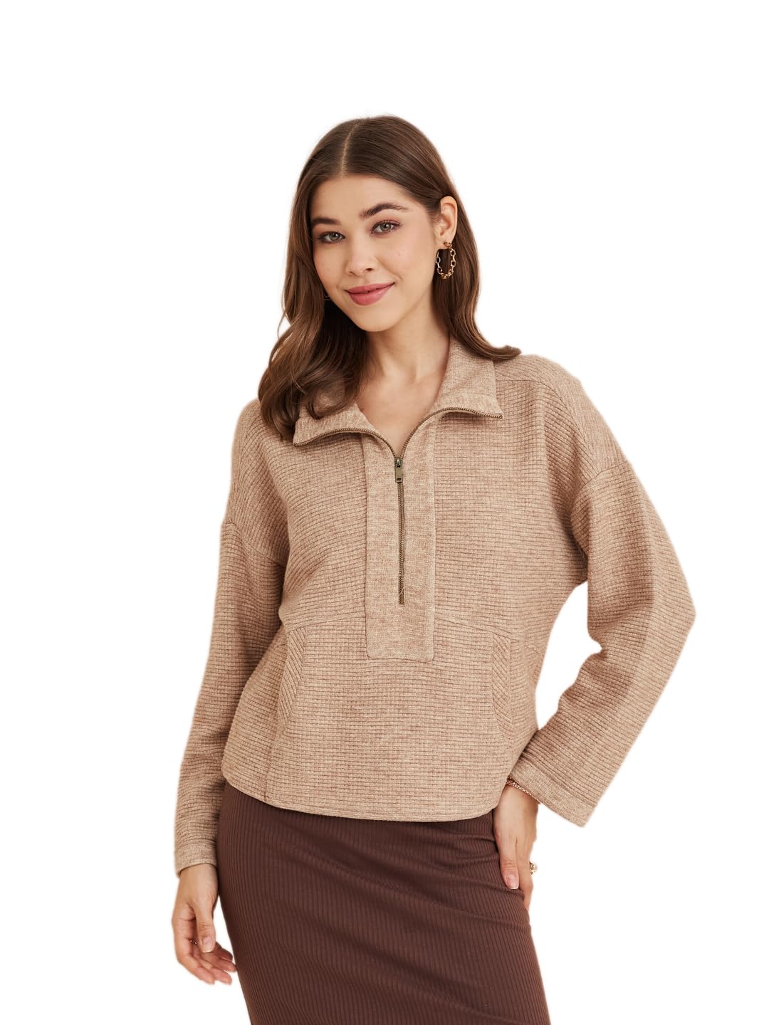Women's Brown Collar Neck Full Sleeves Solid Casual Sweatshirt-image-1