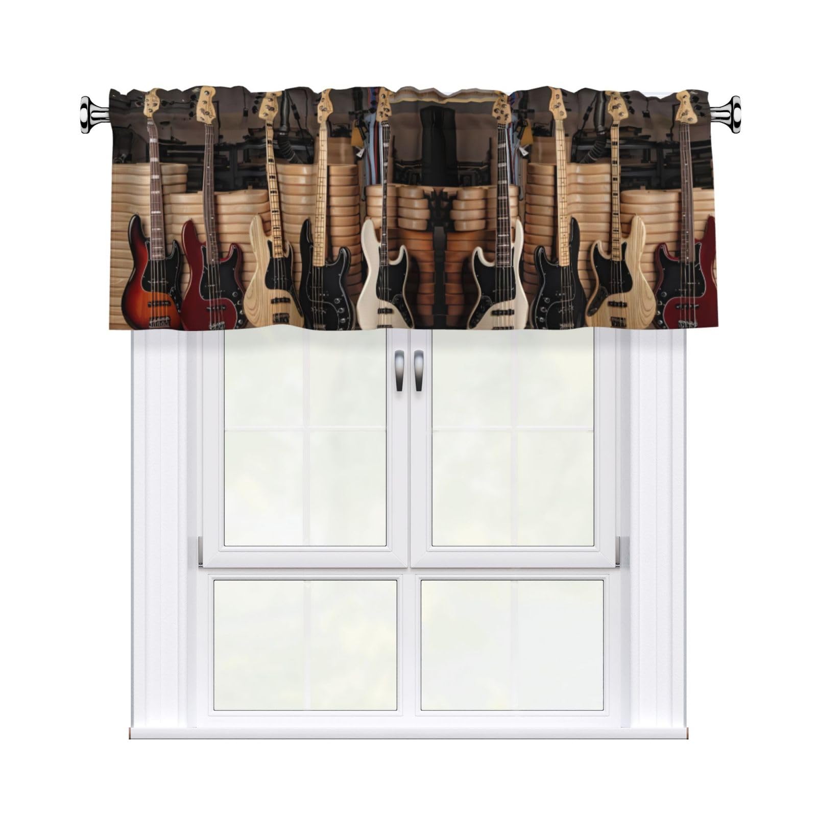 WHJDPP Guitar Bass Music Musical Instruments Prints Charming Kitchen Window Cover – 54x18 Inch Peach Skin Valance with Decorative Print
