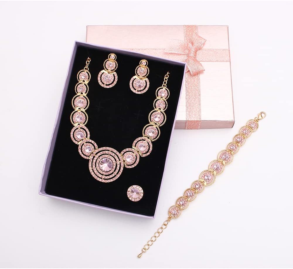 Women’s Wedding Bridal Austrian Crystal Circle Statement Necklace Dangle Earrings Bracelet Ring Jewelry Set