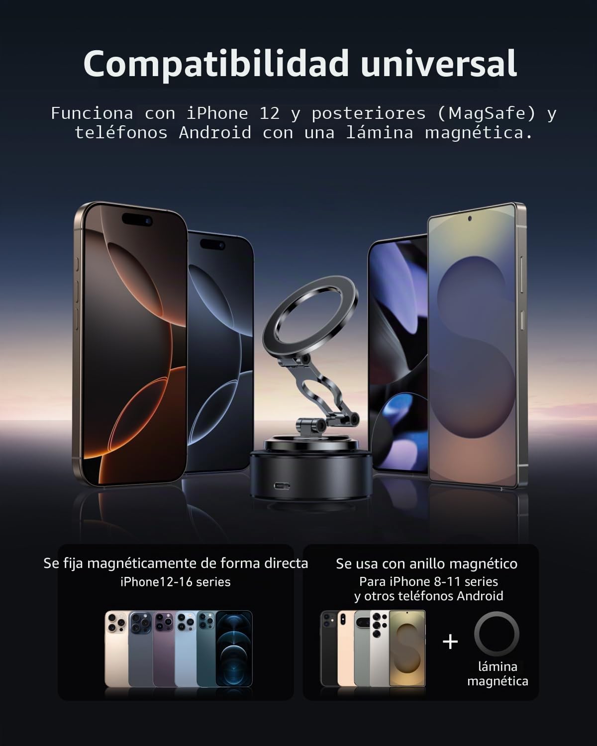 TELESIN Electric Soporte Magnetico Movil Coche, [Flexible 3-Axis] 105N 360° Ajustable Soporte de succión para MagSafe/iPhone/Android, Soporte para teléfono con Ventosa para Cocina, Gimnasio, Espejo