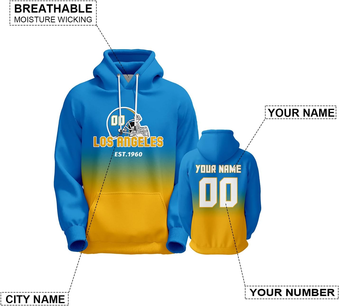 DDJAM Custom Men's Hoodie Football City Fans Gifts for Men Women Youth Pullover Hooded Sweatshirt Personalize Name & Number