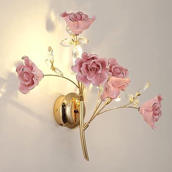 Ceramics Rose Wall Lamp, European Modern Living Room Staircase Corridor Creative Bedroom Crystal Flower Wall Sconce,Pink,2 Light2 Pink,2 Light